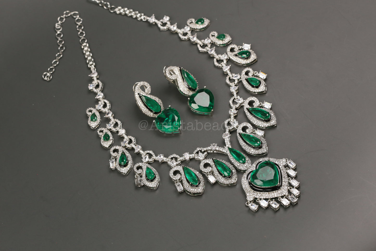 Paisley's & Heart Green Emerald Doublet & CZ Necklace Set