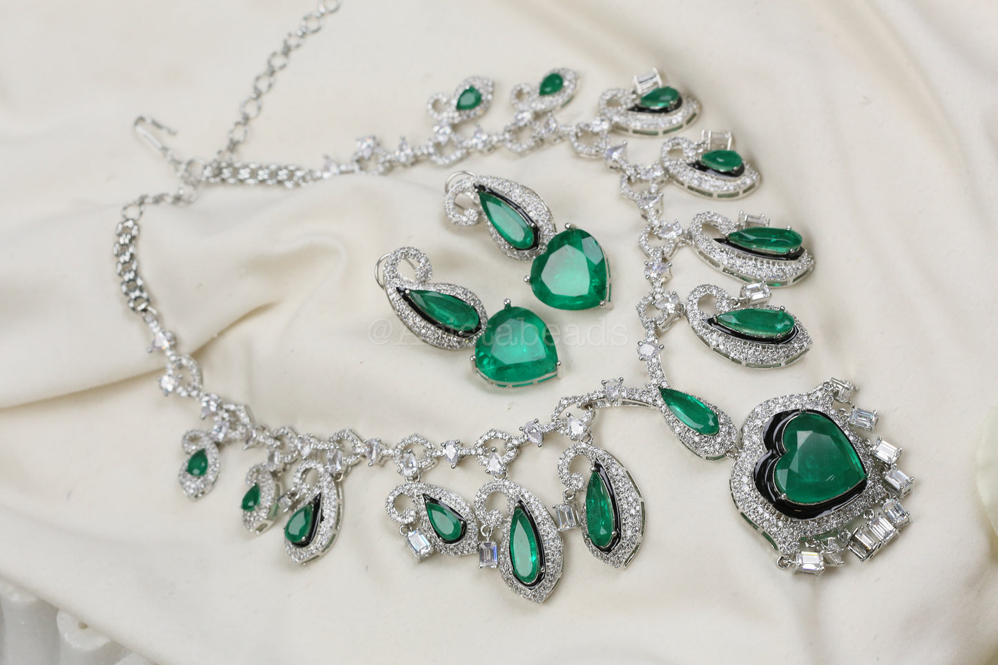 Paisley's & Heart Green Emerald Doublet & CZ Necklace Set