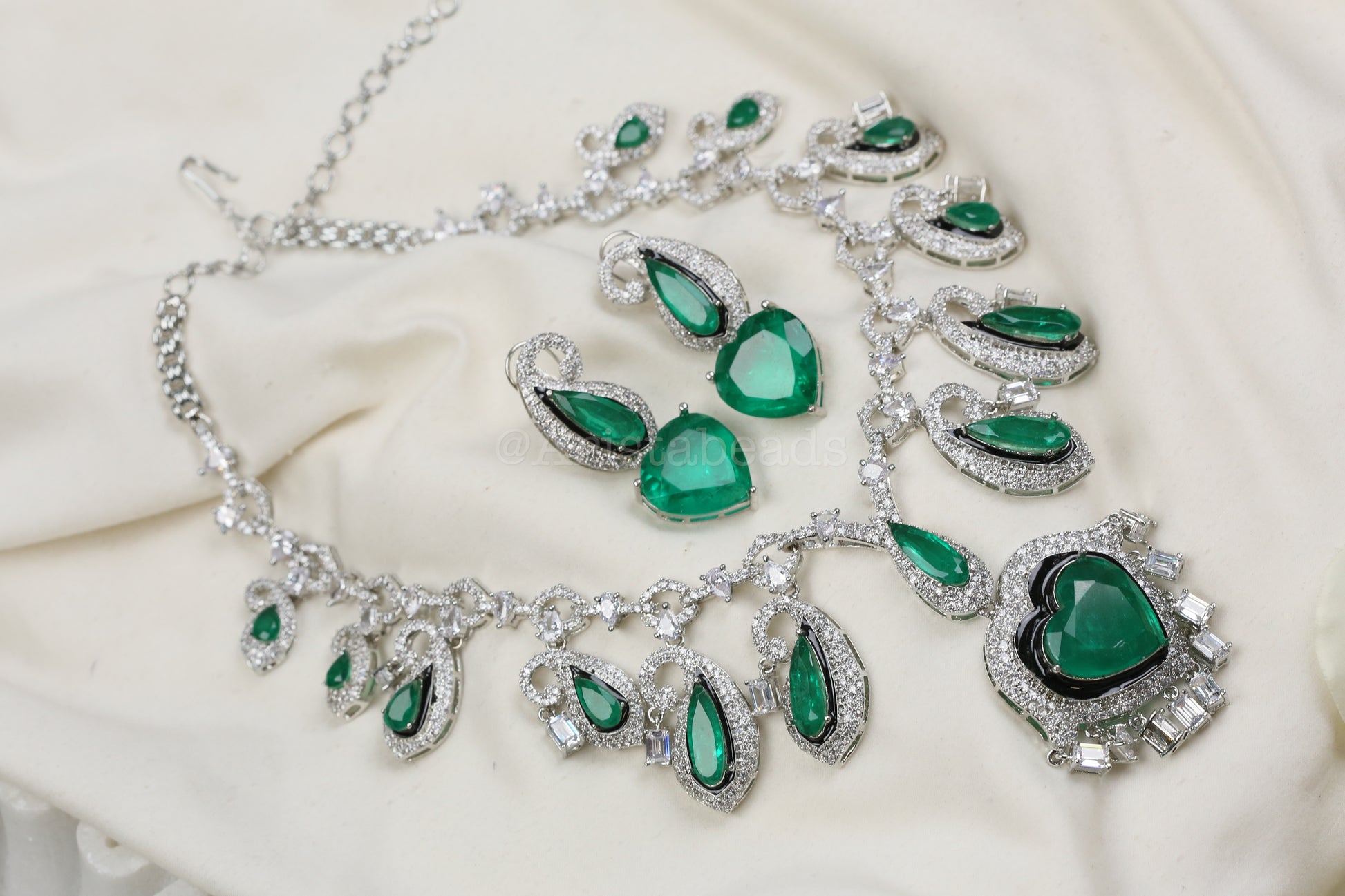 Paisley's & Heart Green Emerald Doublet & CZ Necklace Set