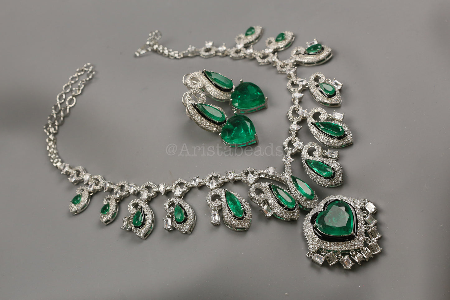 Paisley's & Heart Green Emerald Doublet & CZ Necklace Set