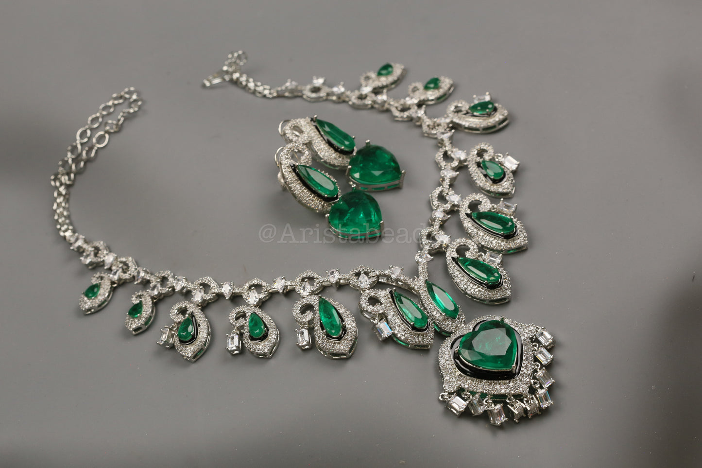 Paisley's & Heart Green Emerald Doublet & CZ Necklace Set