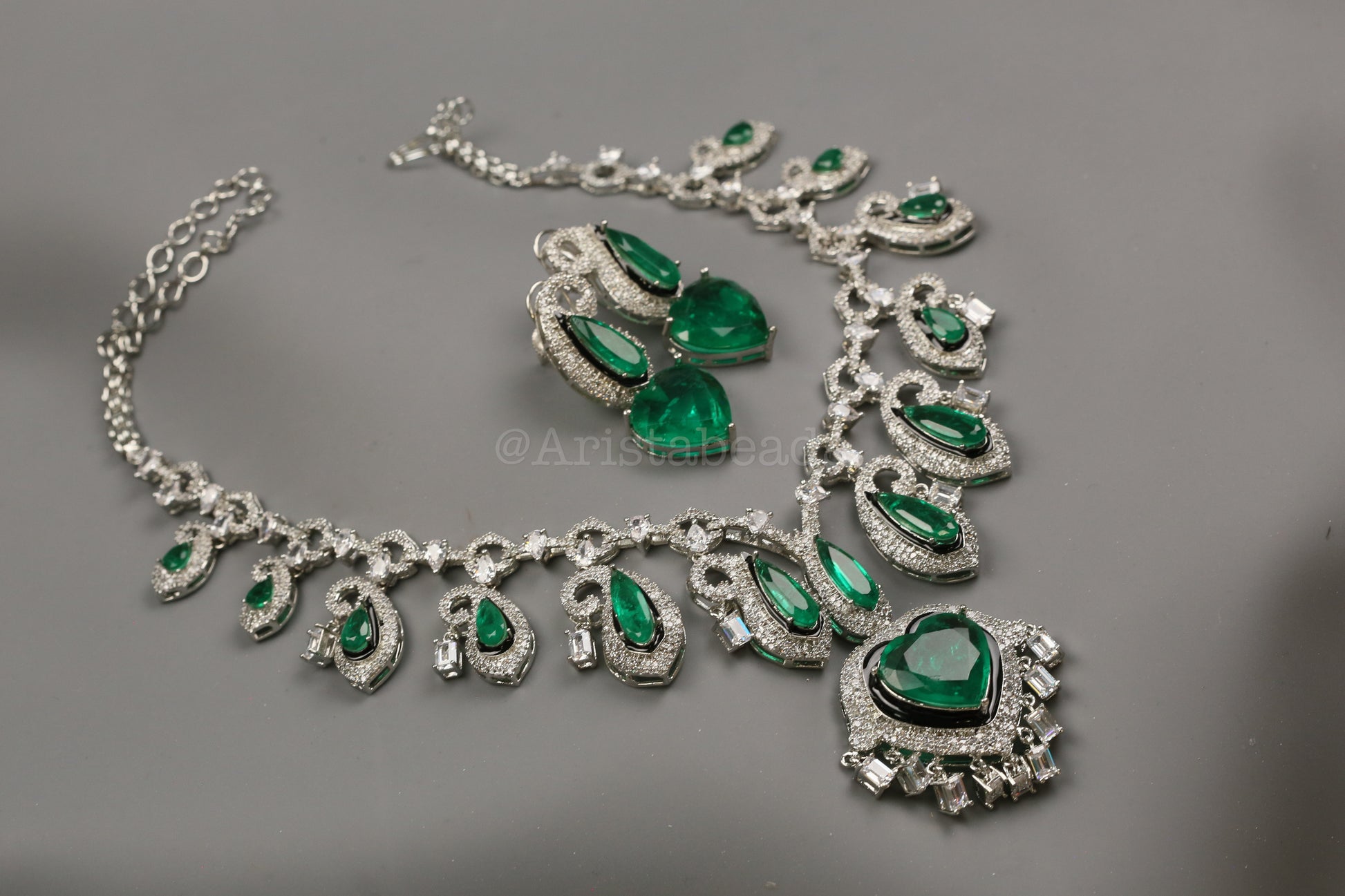 Paisley's & Heart Green Emerald Doublet & CZ Necklace Set