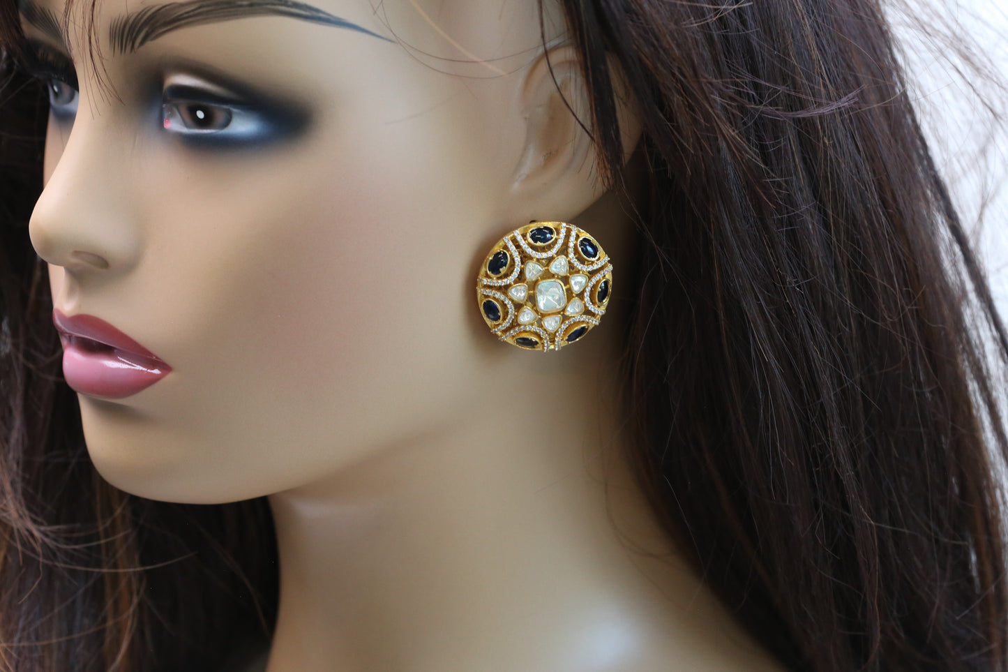 Aarti Real Moissanite & Pota Stones Studs - Dark Blue