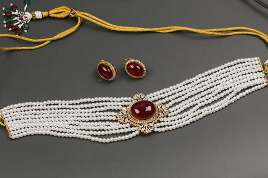 Kareena Pearls & Doublet Necklace Set - Red