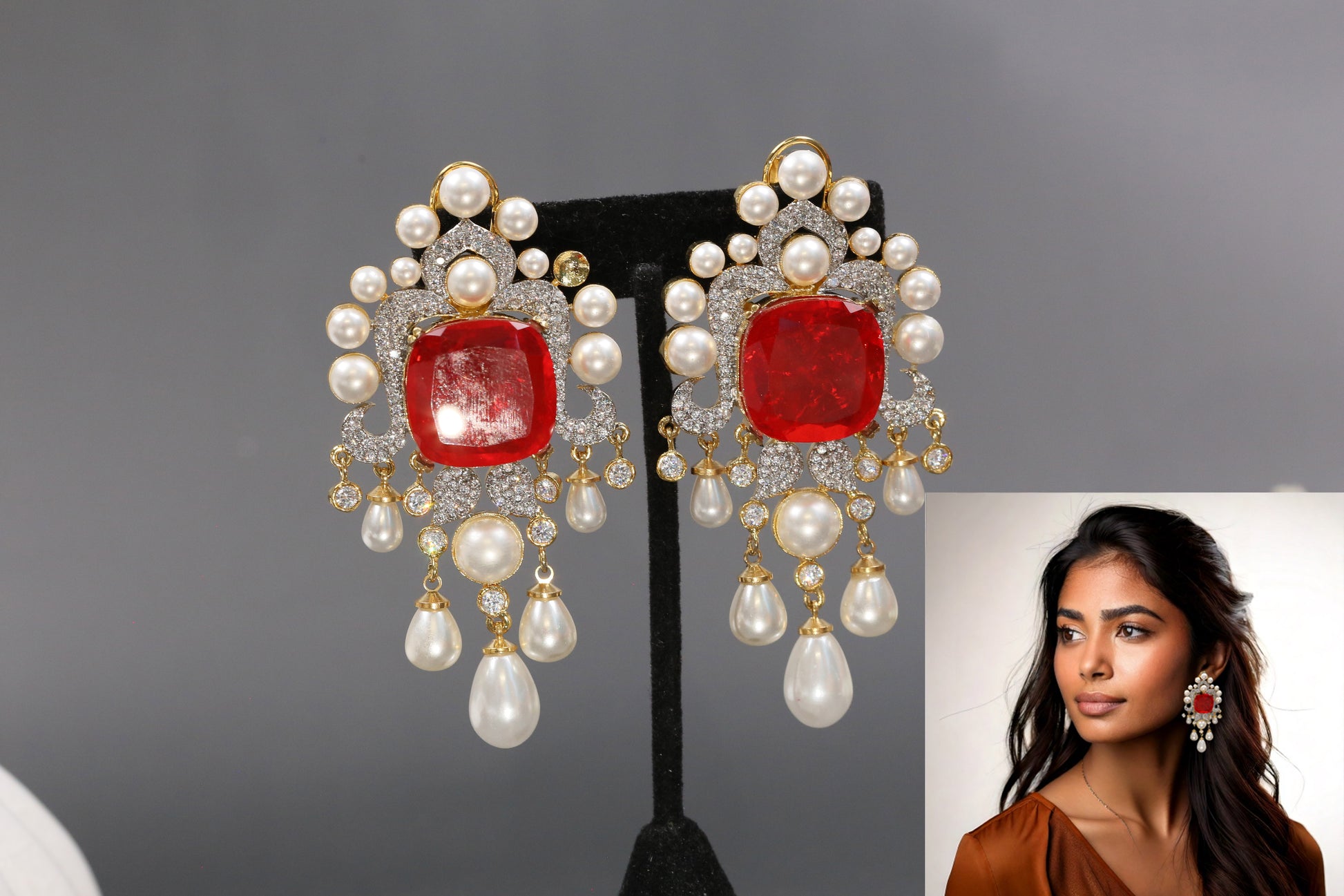 Rekha Doublet Earrings - Red