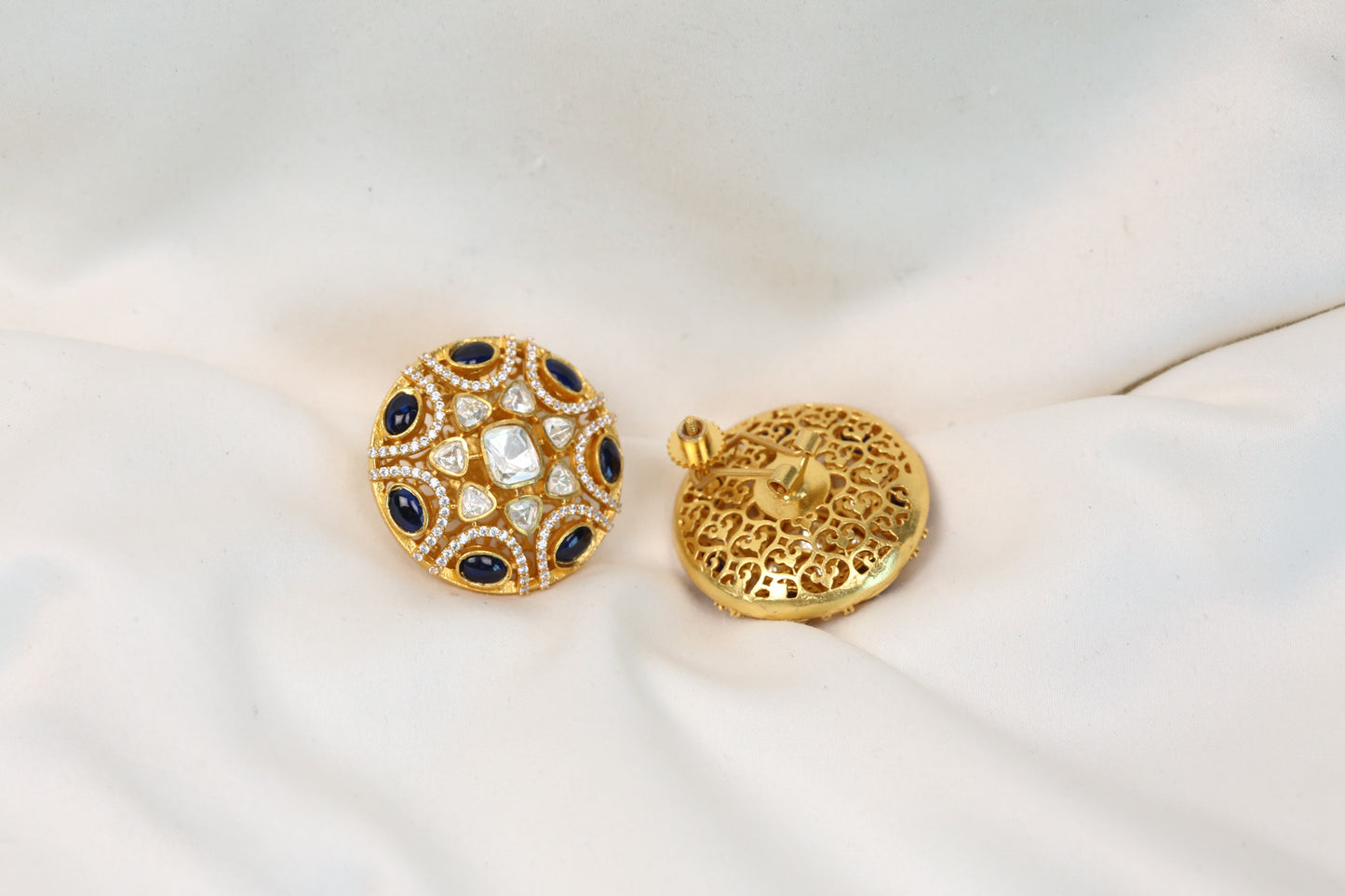 Aarti Real Moissanite & Pota Stones Studs - Dark Blue