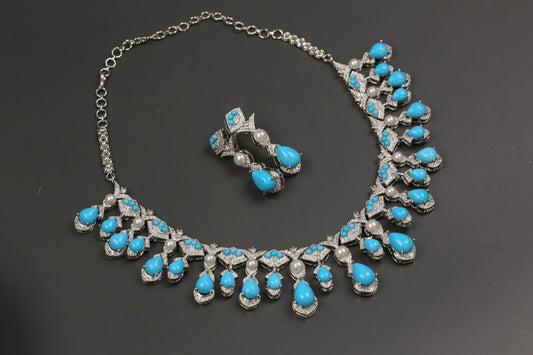 Dia Turquoise Stones, Pearls  & CZ Necklace Set