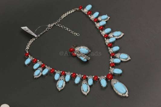 Dia Turquoise, Coral & CZ Necklace Set