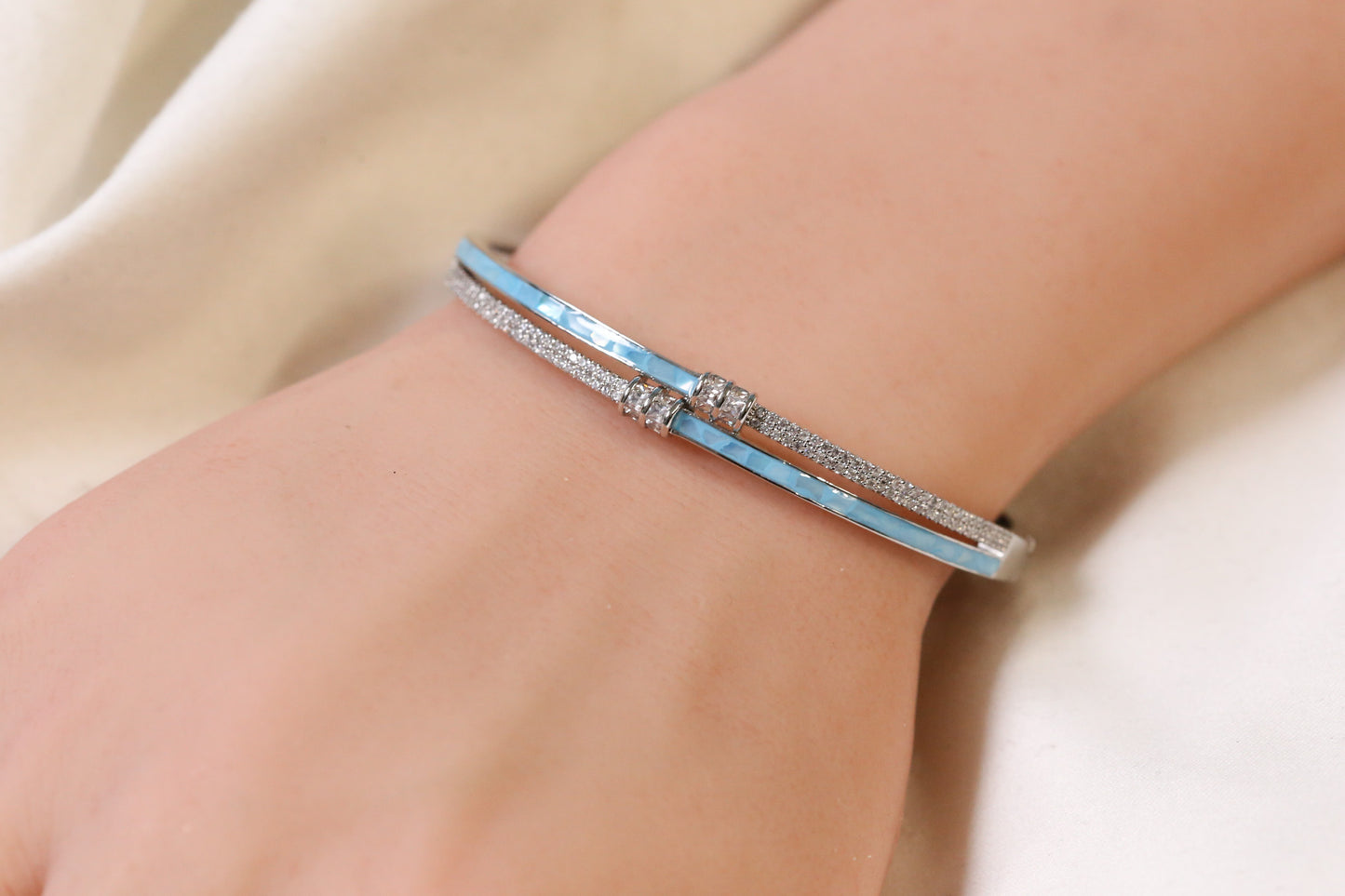 MOP Openable Micro CZ Bracelet- Silver & Teal
