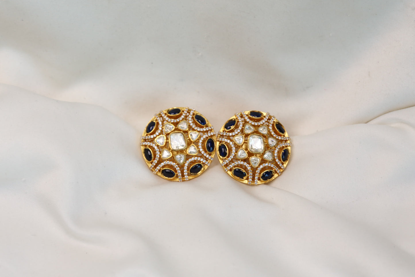 Aarti Real Moissanite & Pota Stones Studs - Dark Blue