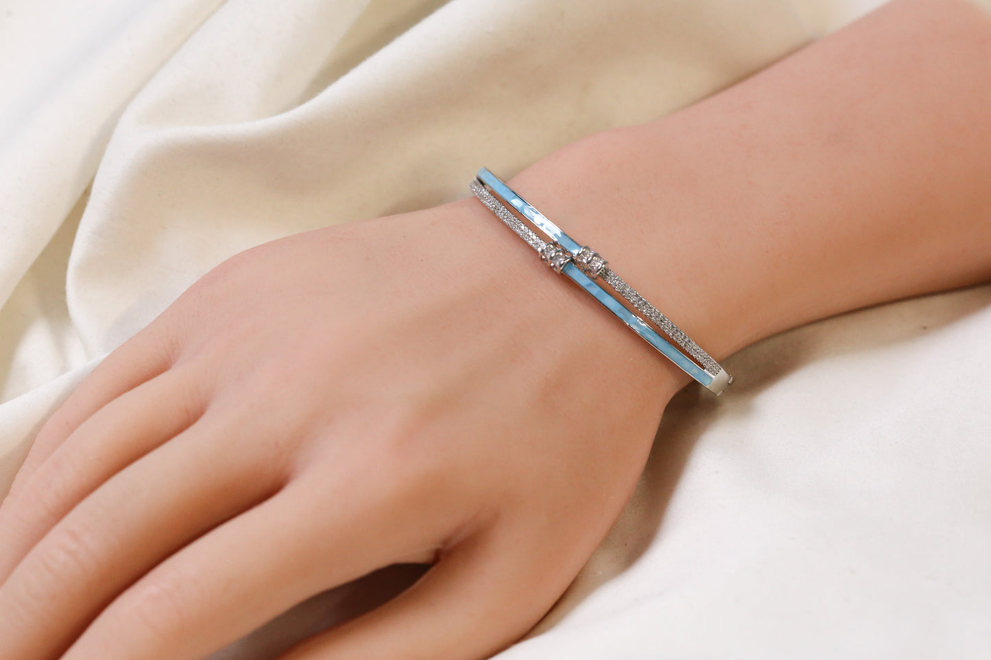 MOP Openable Micro CZ Bracelet- Silver & Teal