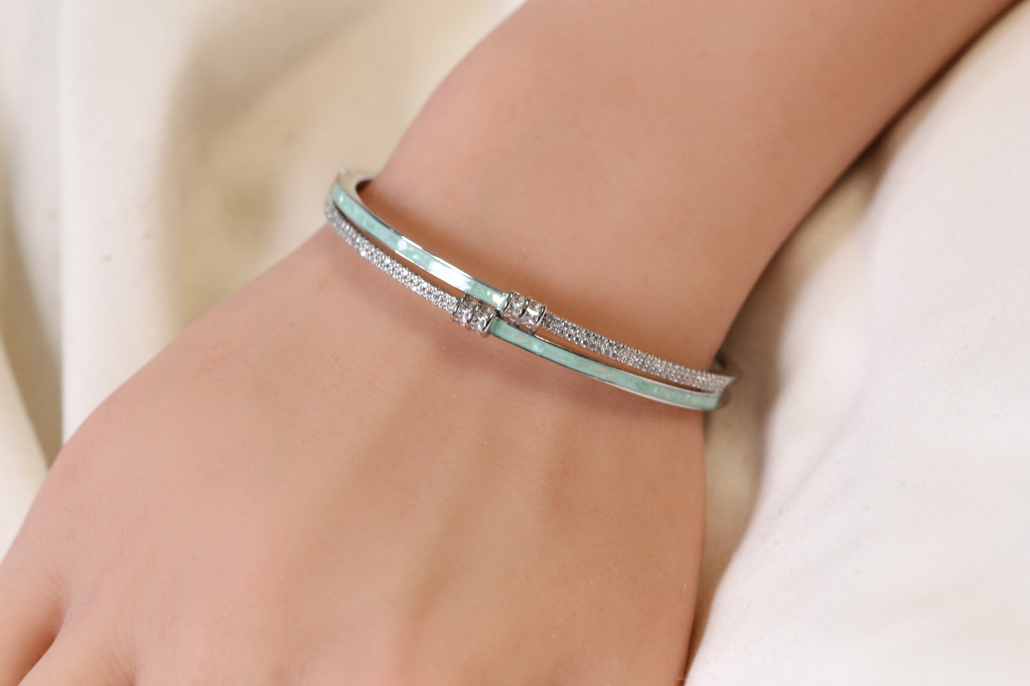 MOP Openable Micro CZ Bracelet- Silver &  Mint