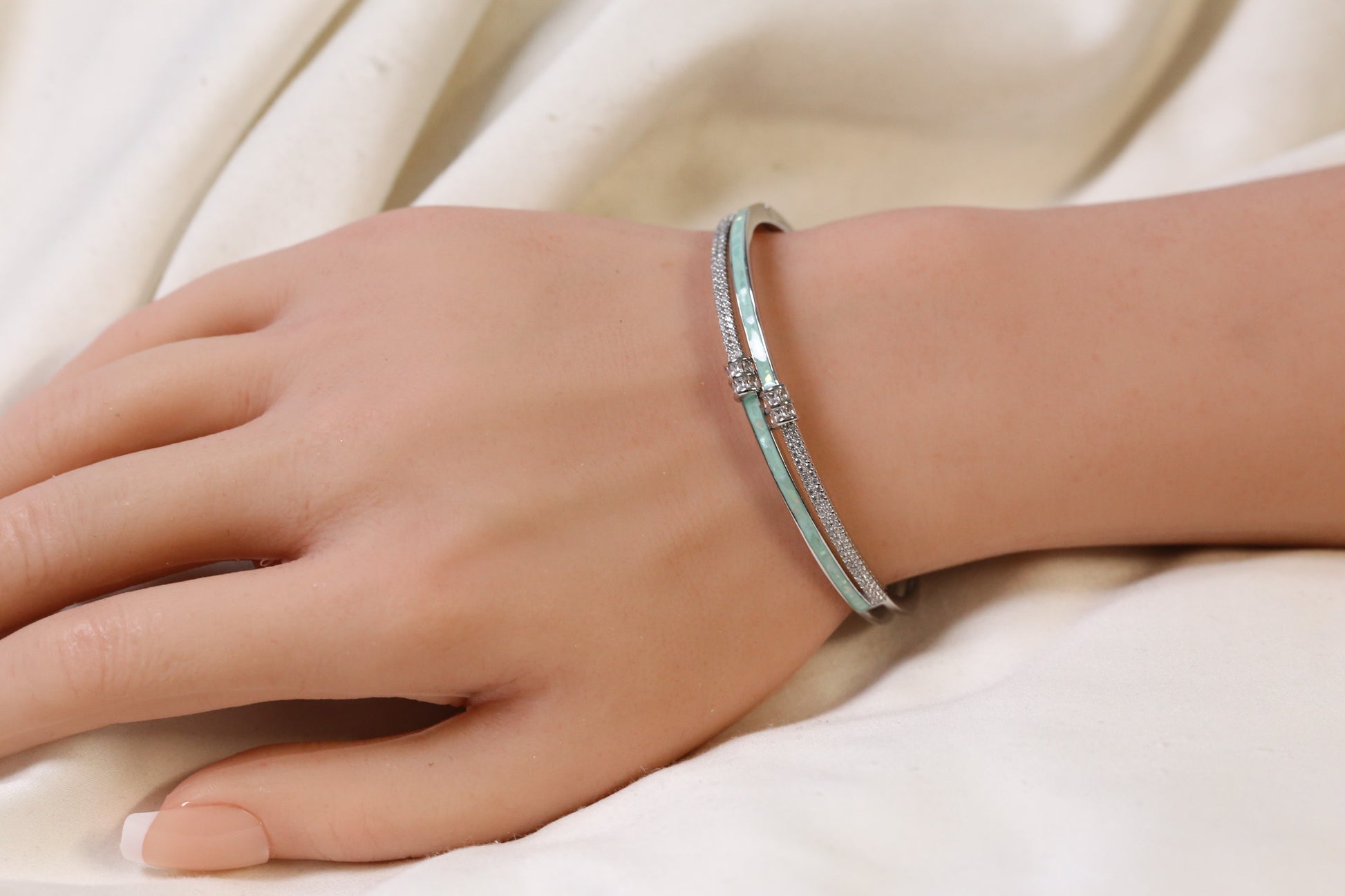 MOP Openable Micro CZ Bracelet- Silver &  Mint