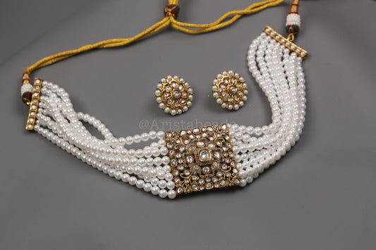 Alia Pearl Kundan & CZ Choker Necklace Set