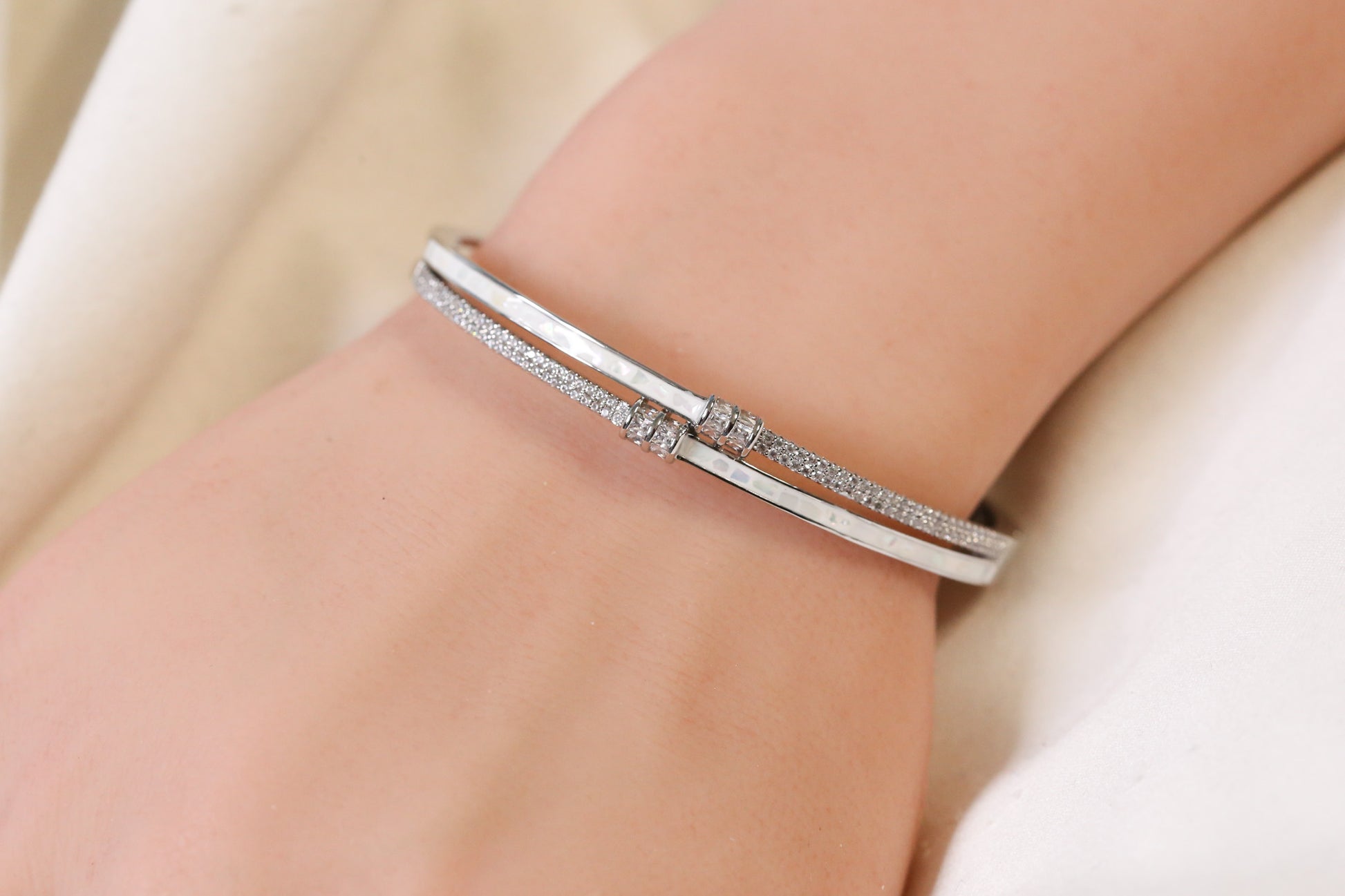 MOP Openable Micro CZ Bracelet- Silver &  Ivory