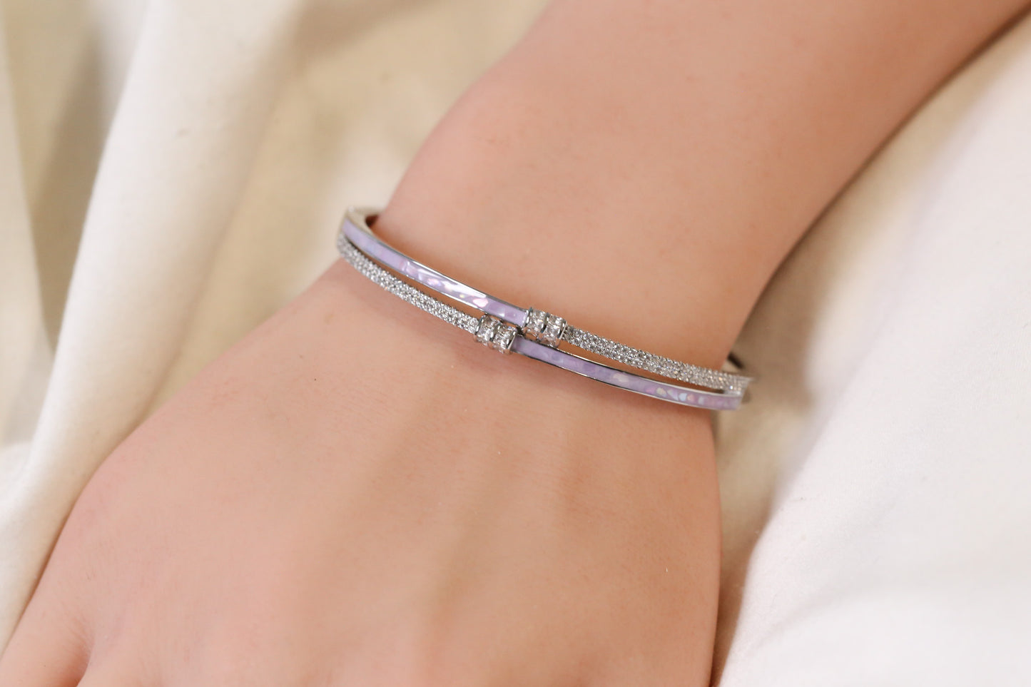 MOP Openable Micro CZ Bracelet- Silver & Purple
