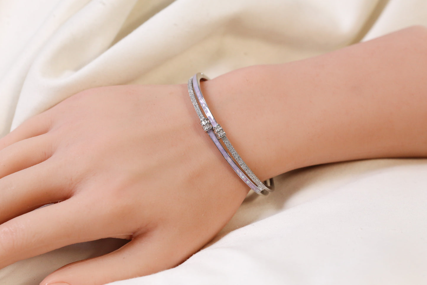 MOP Openable Micro CZ Bracelet- Silver & Purple