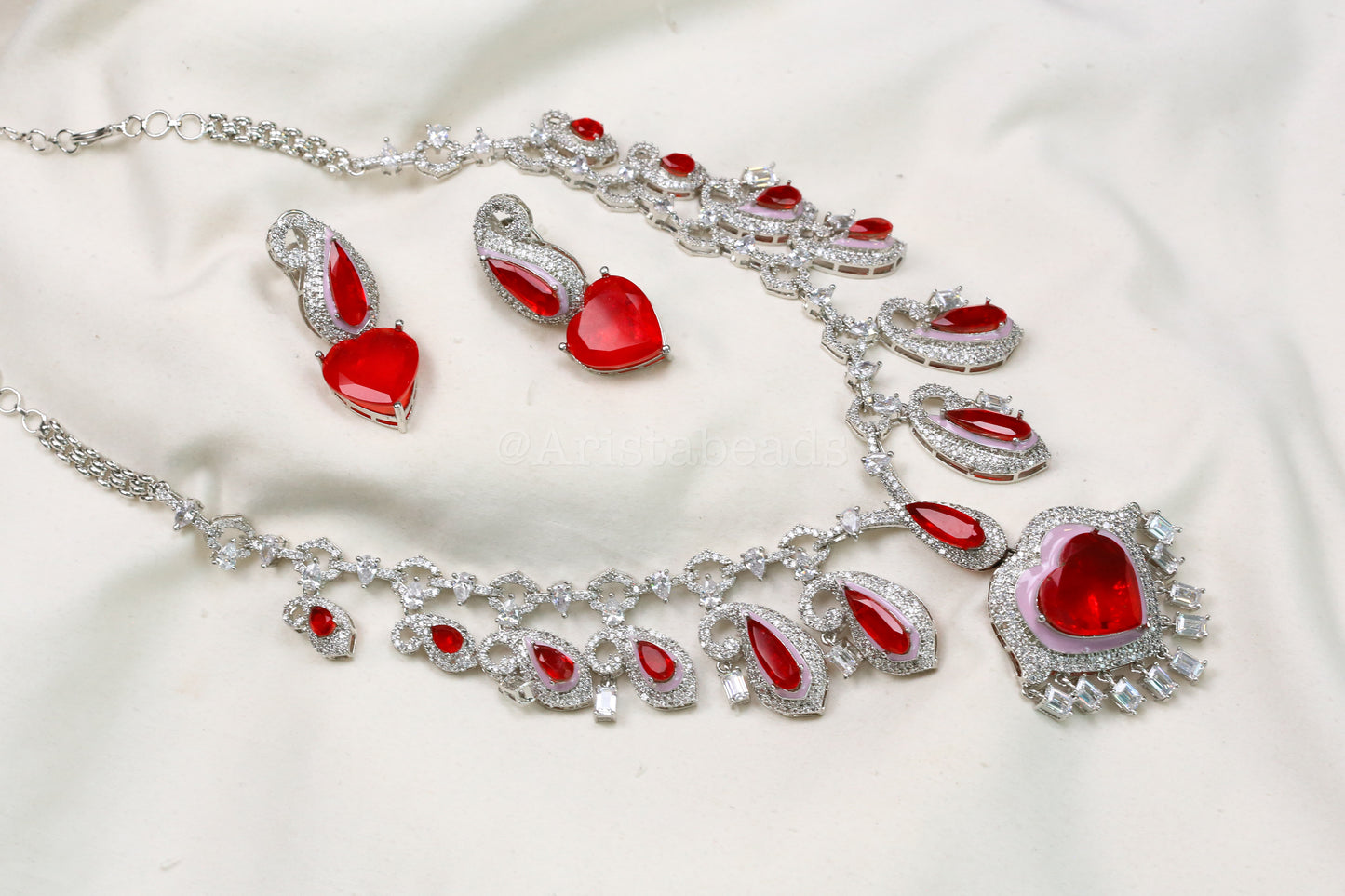 Paisley's & Heart Red Emerald Doublet & CZ Necklace Set
