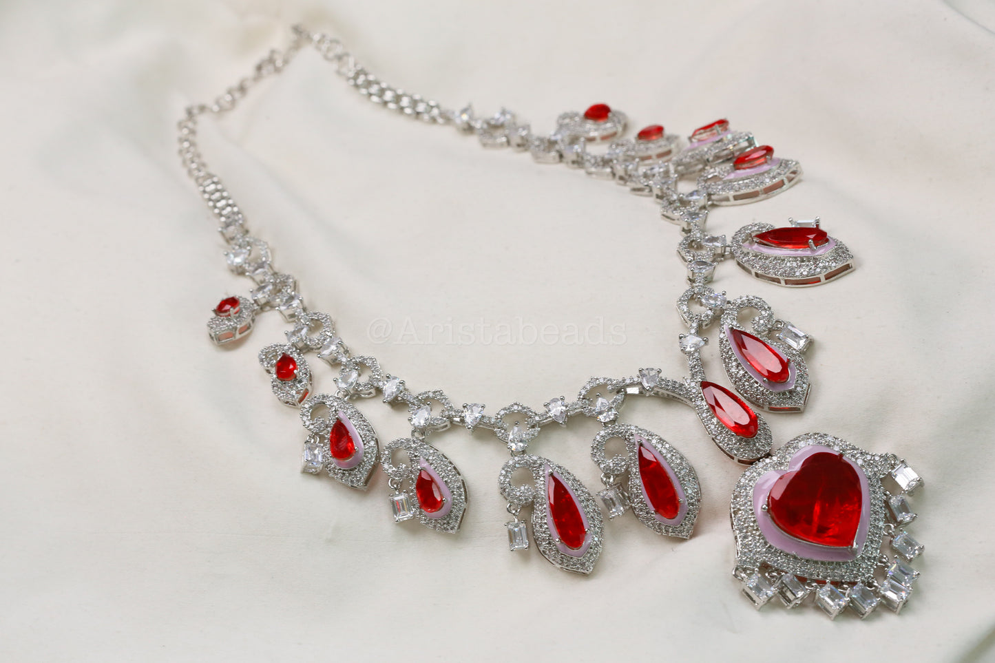 Paisley's & Heart Red Emerald Doublet & CZ Necklace Set