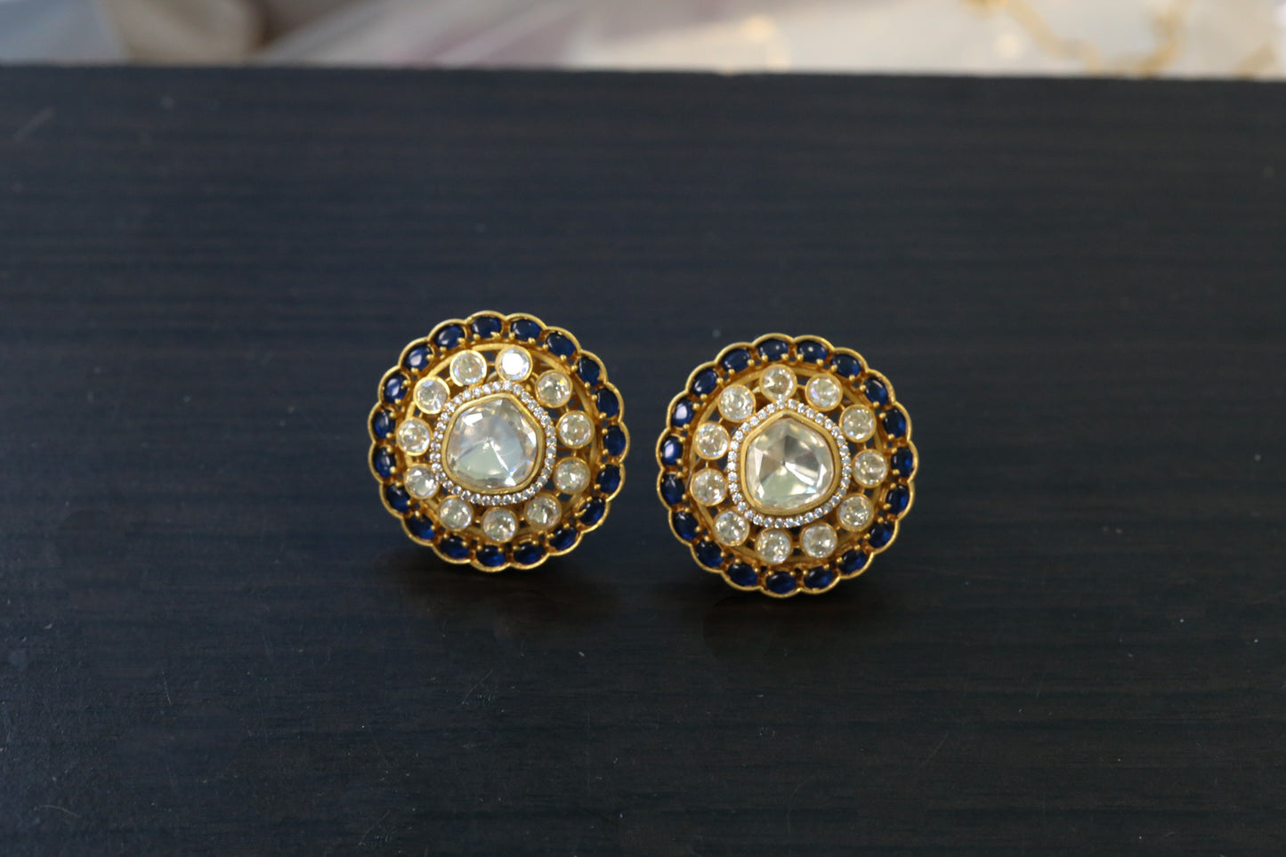 Aditi Real Moissanite & Pota Stones Studs - Blue