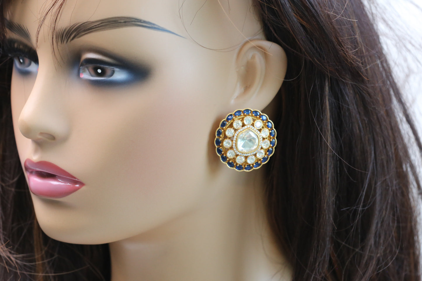 Aditi Real Moissanite & Pota Stones Studs - Blue