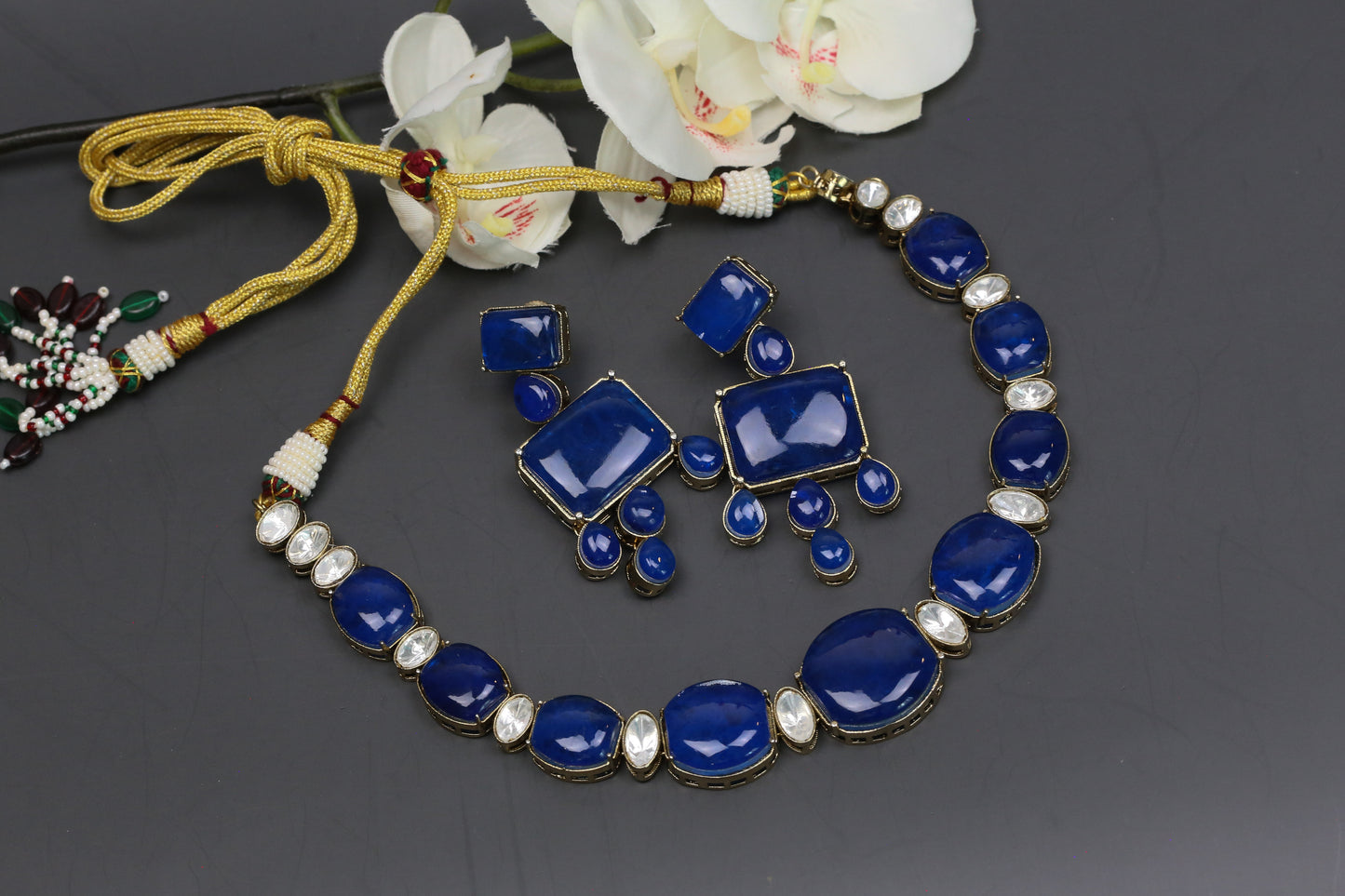 Pota Doublet & Uncut Kundan Necklace Set - Blue