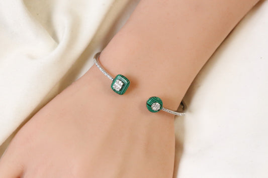 Angela Openable Micro CZ Bracelet- Malachite & Silver