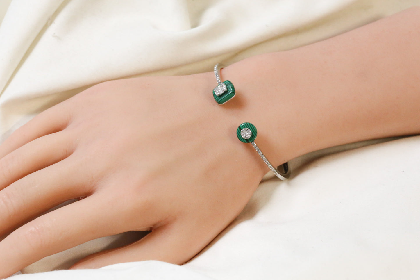 Angela Openable Micro CZ Bracelet- Malachite & Silver