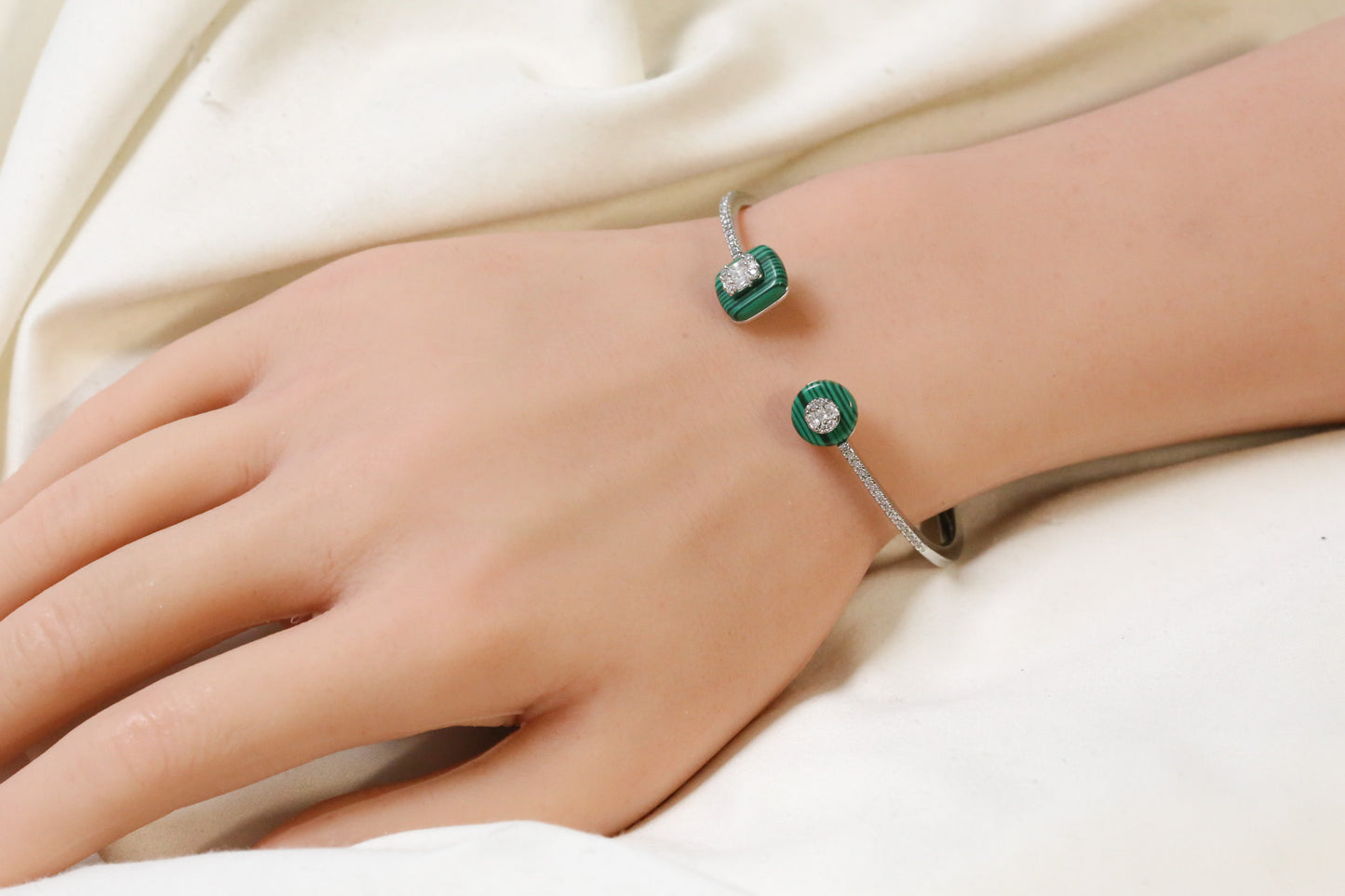 Angela Openable Micro CZ Bracelet- Malachite & Silver
