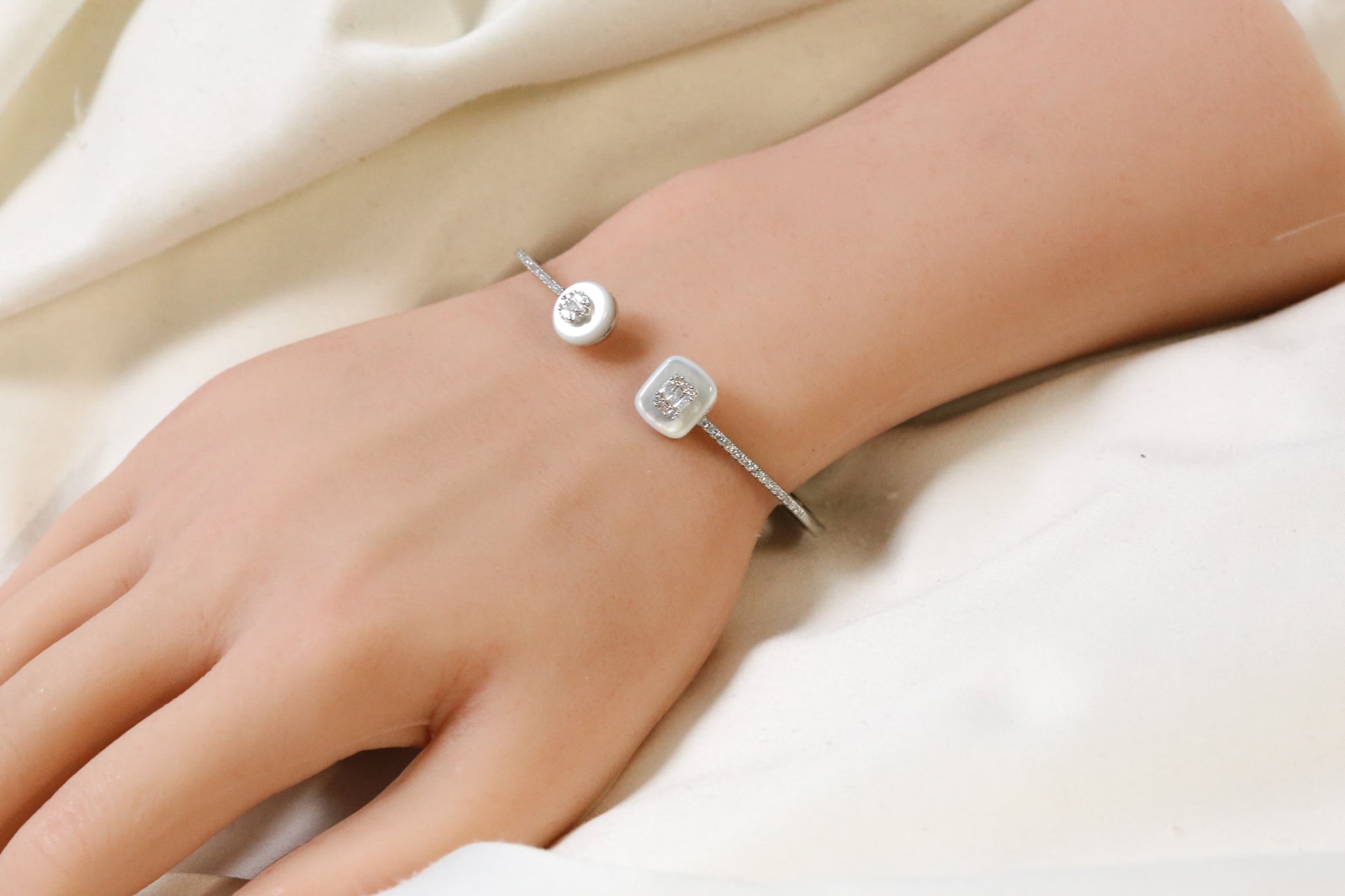 Angela Openable Micro CZ Bracelet- MOP & Silver