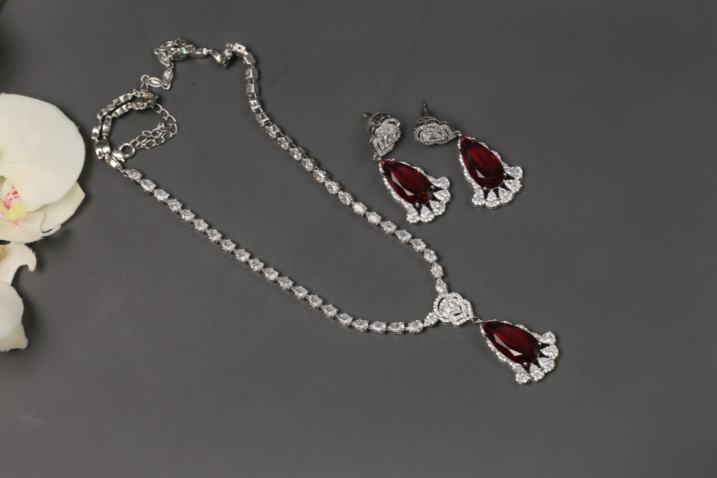 Dhara Solitaire style CZ Necklace Set  - Red