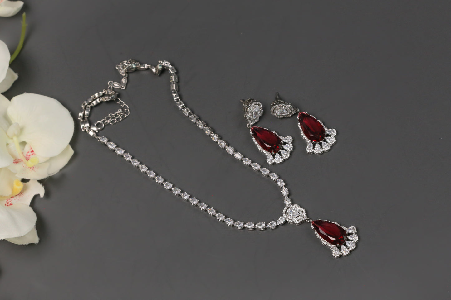 Dhara Solitaire style CZ Necklace Set  - Red