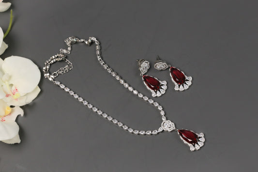 Dhara Solitaire style CZ Necklace Set  - Red