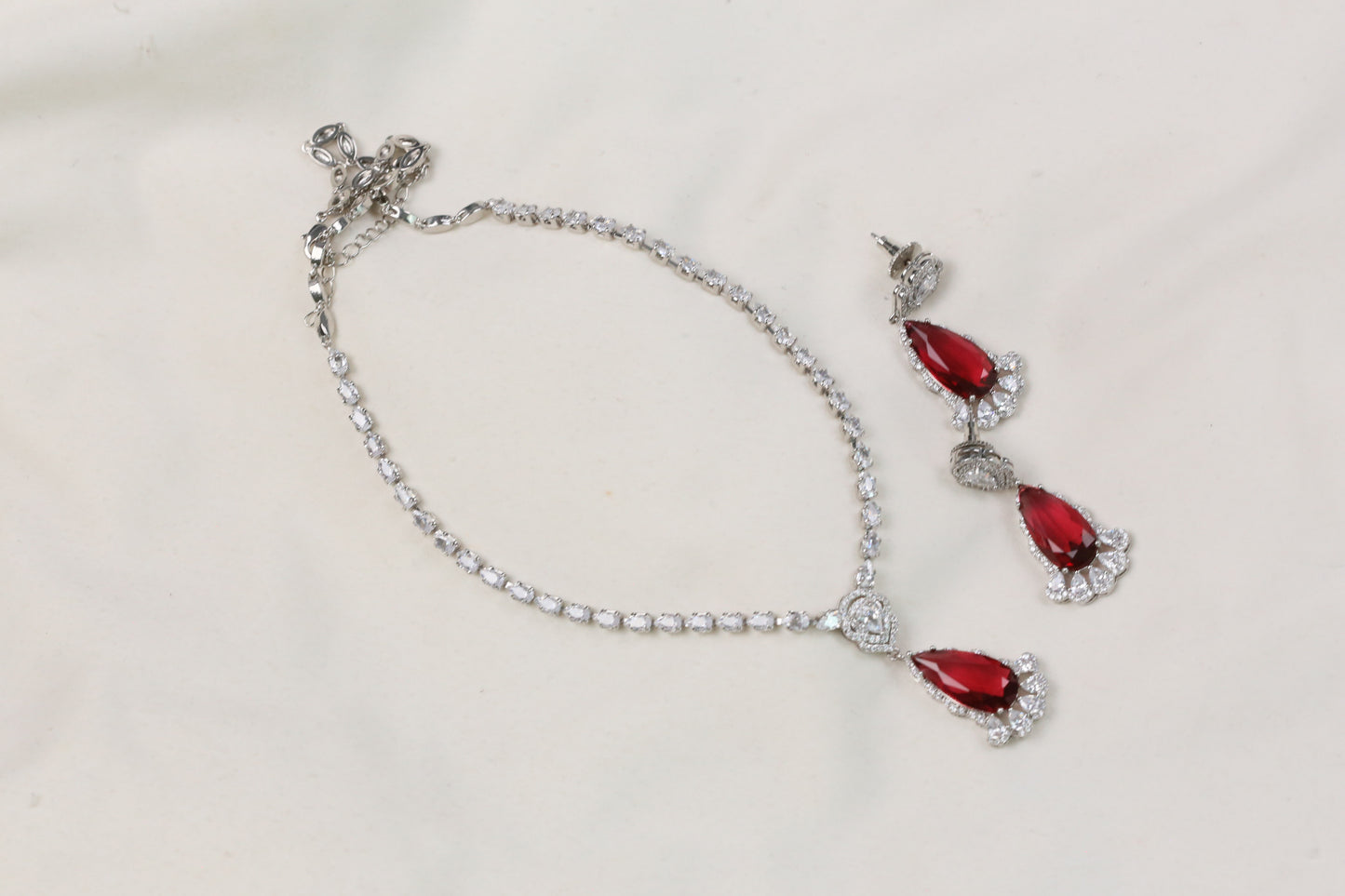Dhara Solitaire style CZ Necklace Set  - Red