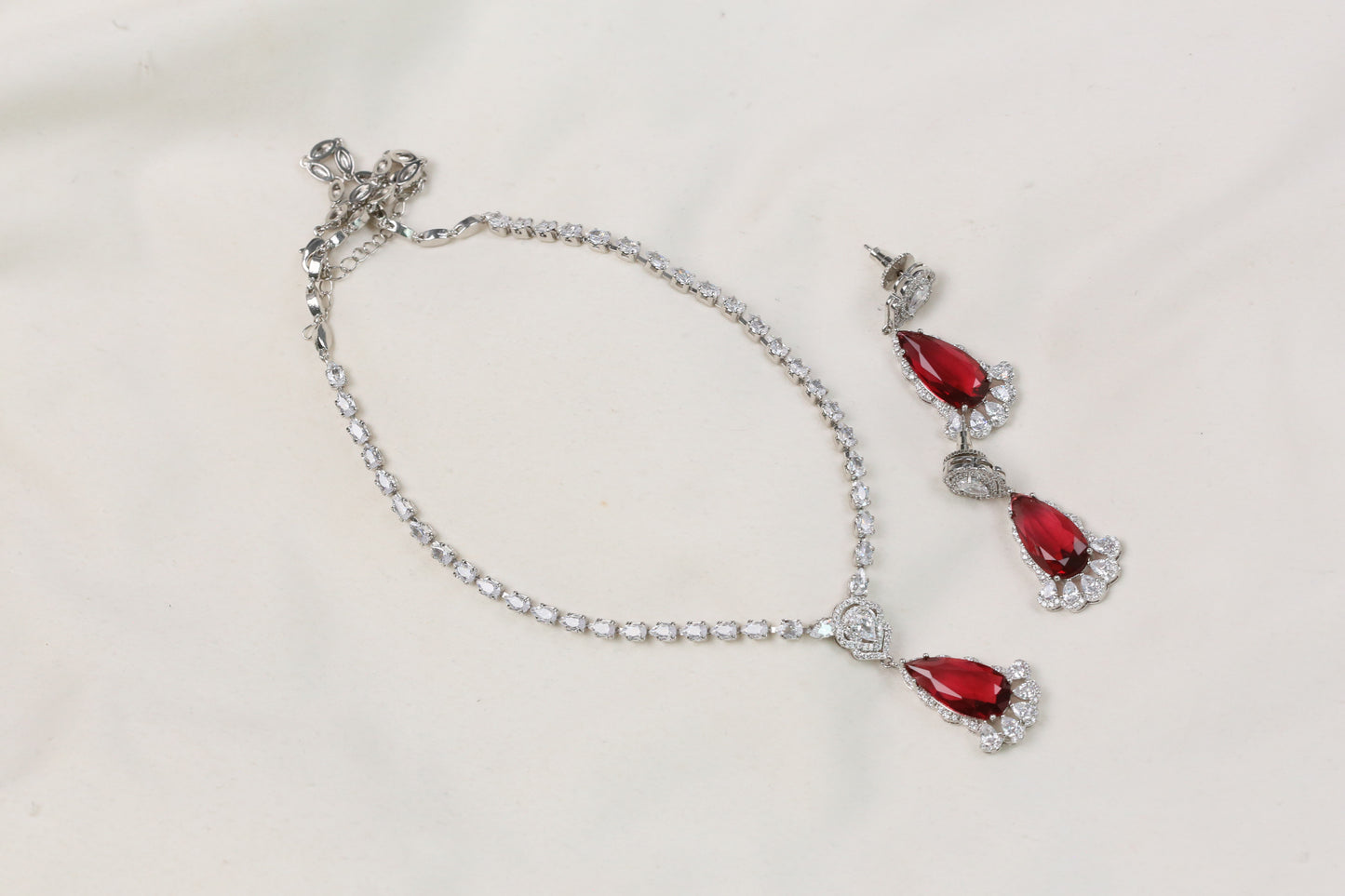 Dhara Solitaire style CZ Necklace Set  - Red