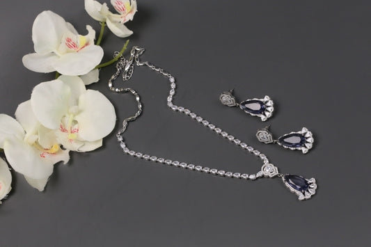 Dhara Solitaire style CZ Necklace Set  - Aqua Blue
