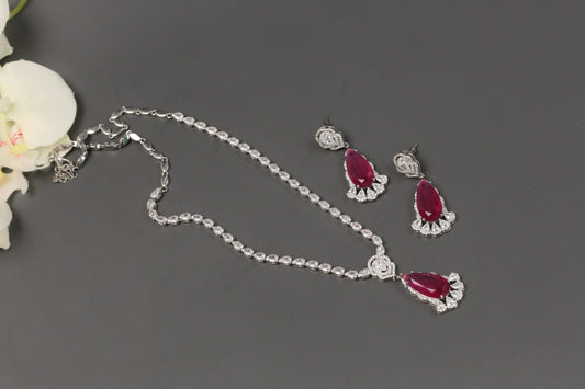 Dhara Solitaire style CZ Necklace Set  - Ruby Pink