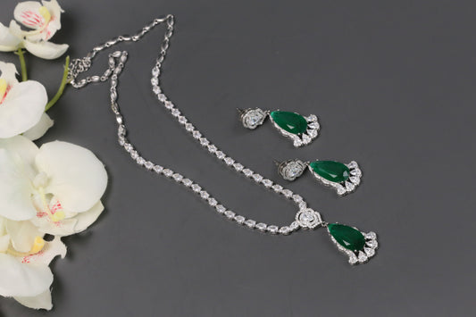 Dhara Solitaire style CZ Necklace Set  - Green