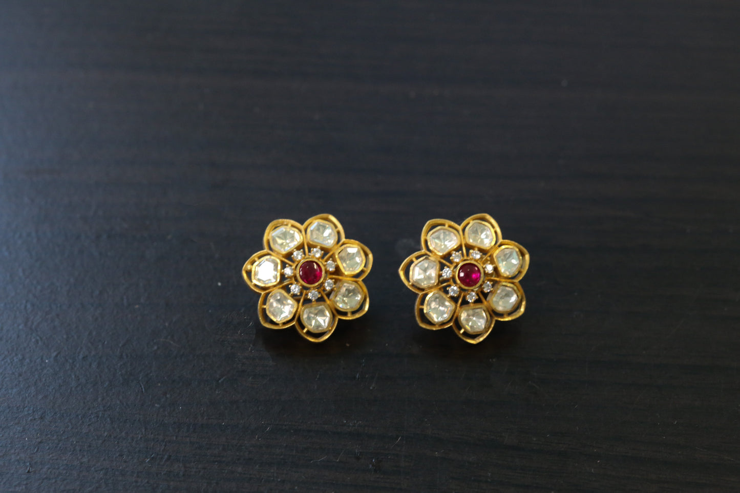 Aavni Real Moissanite & Pota Stones Studs - Red