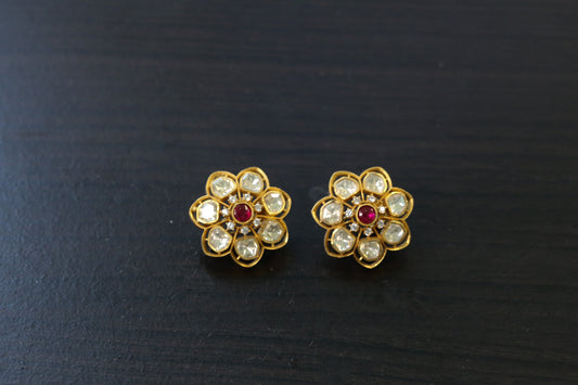 Aavni Real Moissanite & Pota Stones Studs - Red
