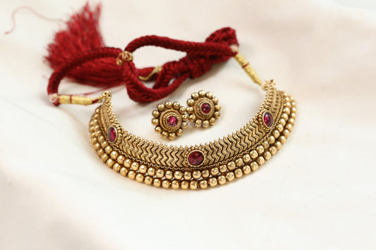 Karnika Antique Gold Thusi Necklace Set - Red
