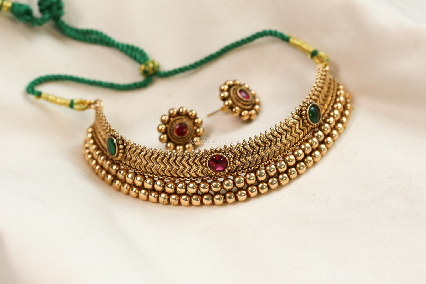 Karnika Antique Gold Thusi Necklace Set - Multi