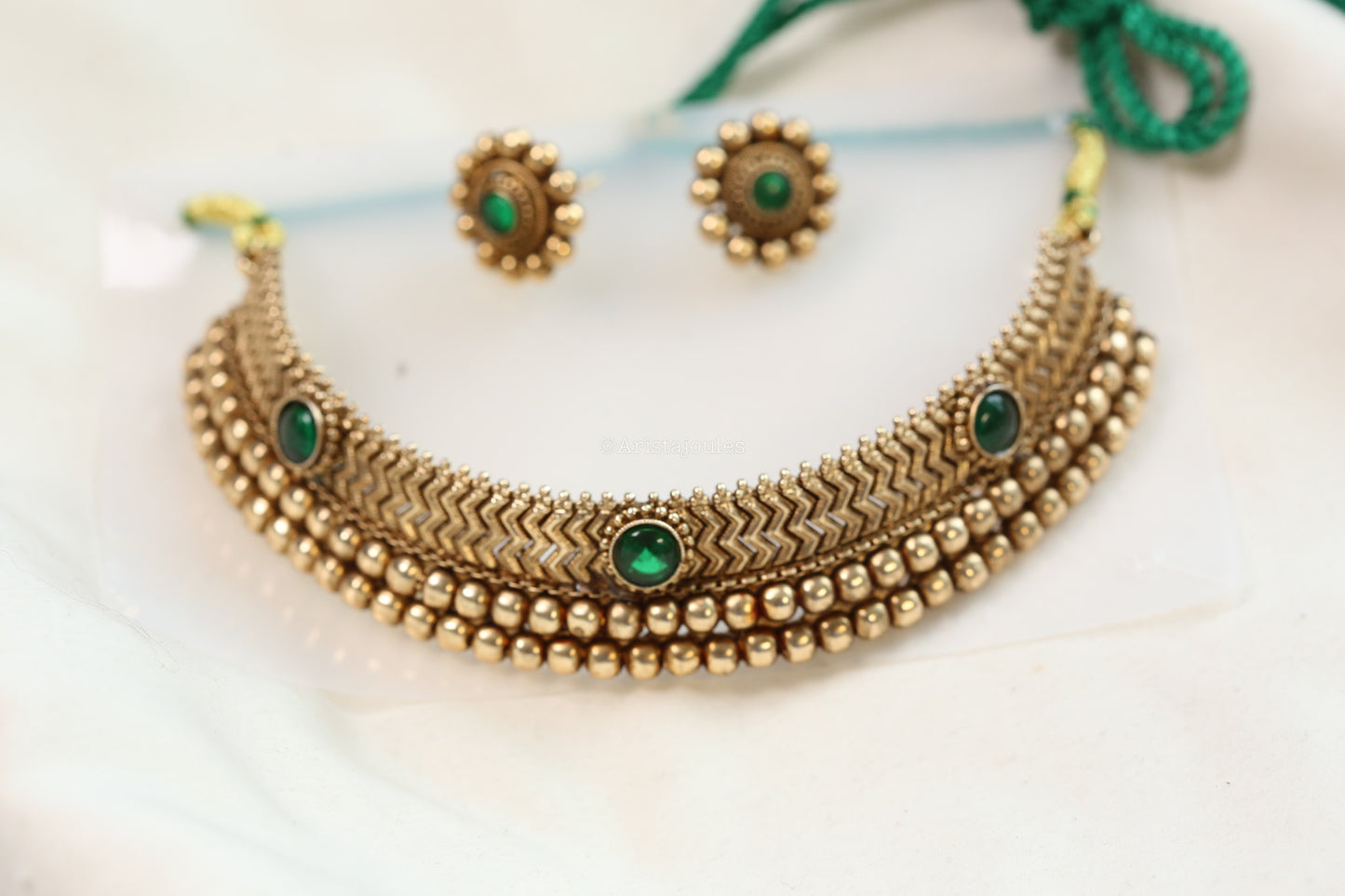 Karnika Antique Gold Thusi Necklace Set - Green