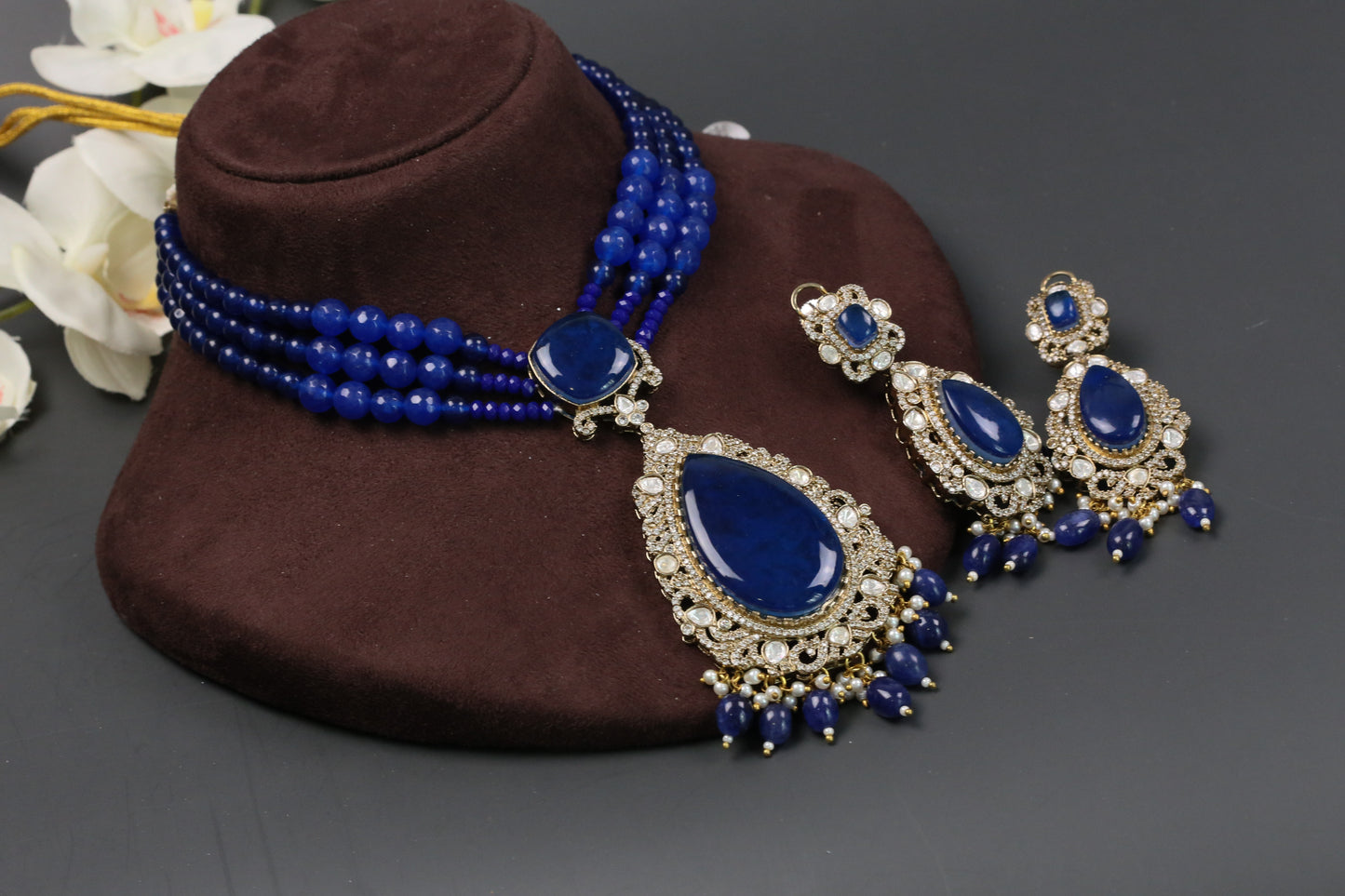 Nisha  Doublet CZ & Polki Necklace Set  - Blue