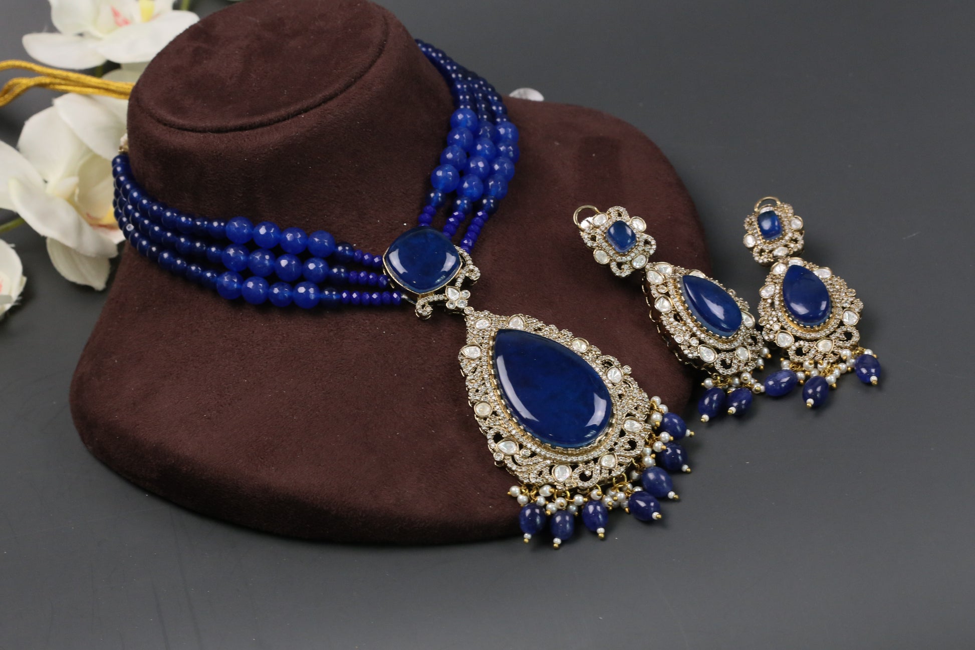 Nisha  Doublet CZ & Polki Necklace Set  - Blue