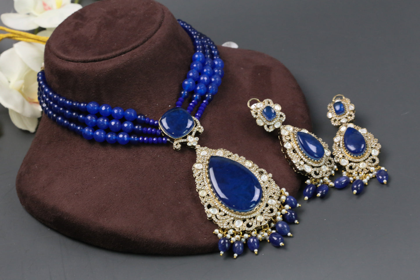 Nisha  Doublet CZ & Polki Necklace Set  - Blue