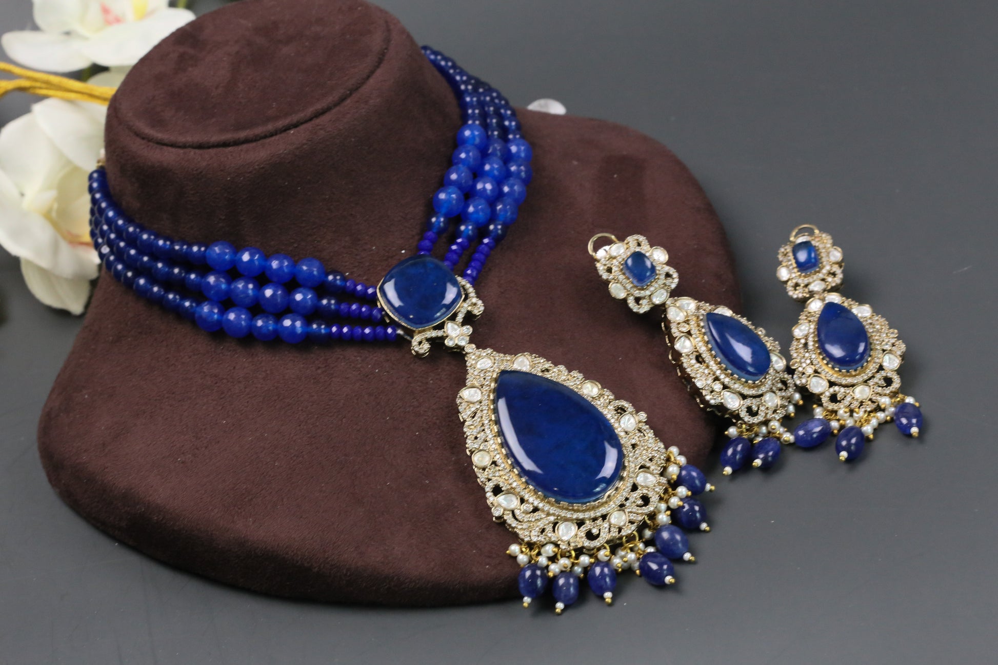 Nisha  Doublet CZ & Polki Necklace Set  - Blue