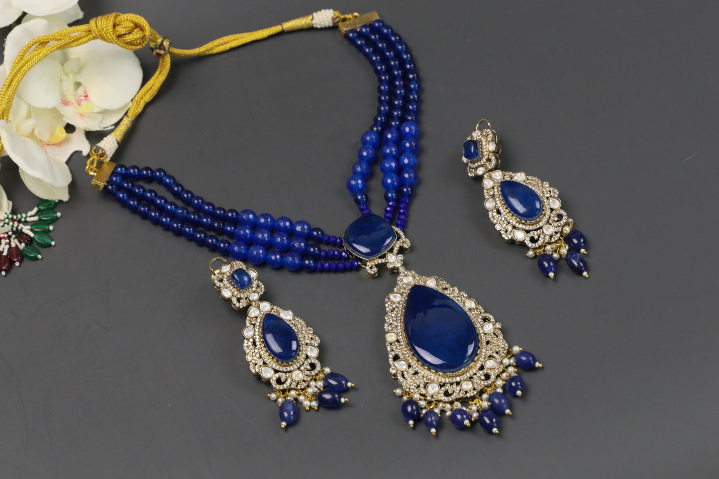 Nisha  Doublet CZ & Polki Necklace Set  - Blue