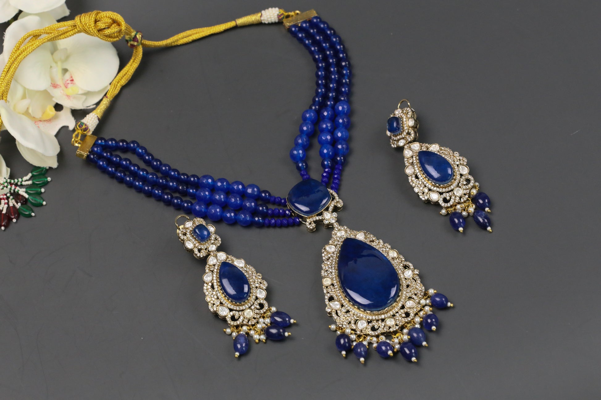 Nisha  Doublet CZ & Polki Necklace Set  - Blue