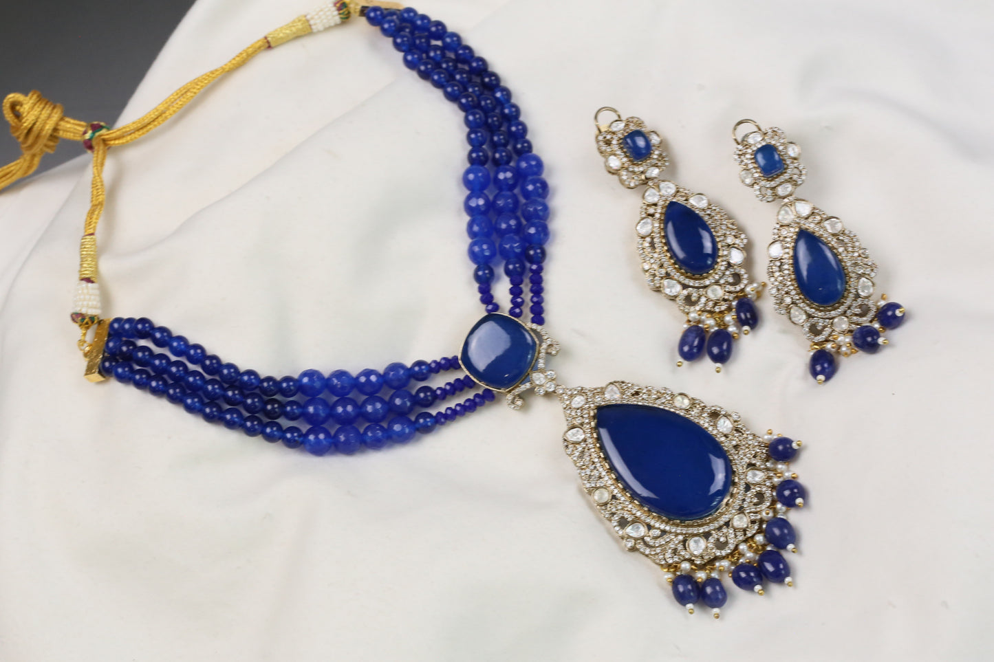 Nisha  Doublet CZ & Polki Necklace Set  - Blue